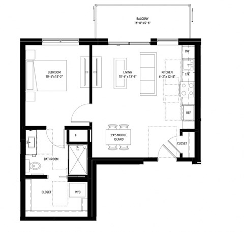 Floor plan for 1 bed, 1 bath, 670 sqft
